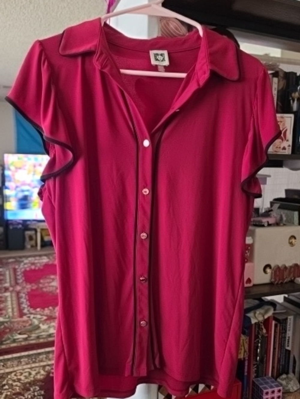 ANNE KLEIN Women’s Red Button-Front Ruffle Sleeve Top